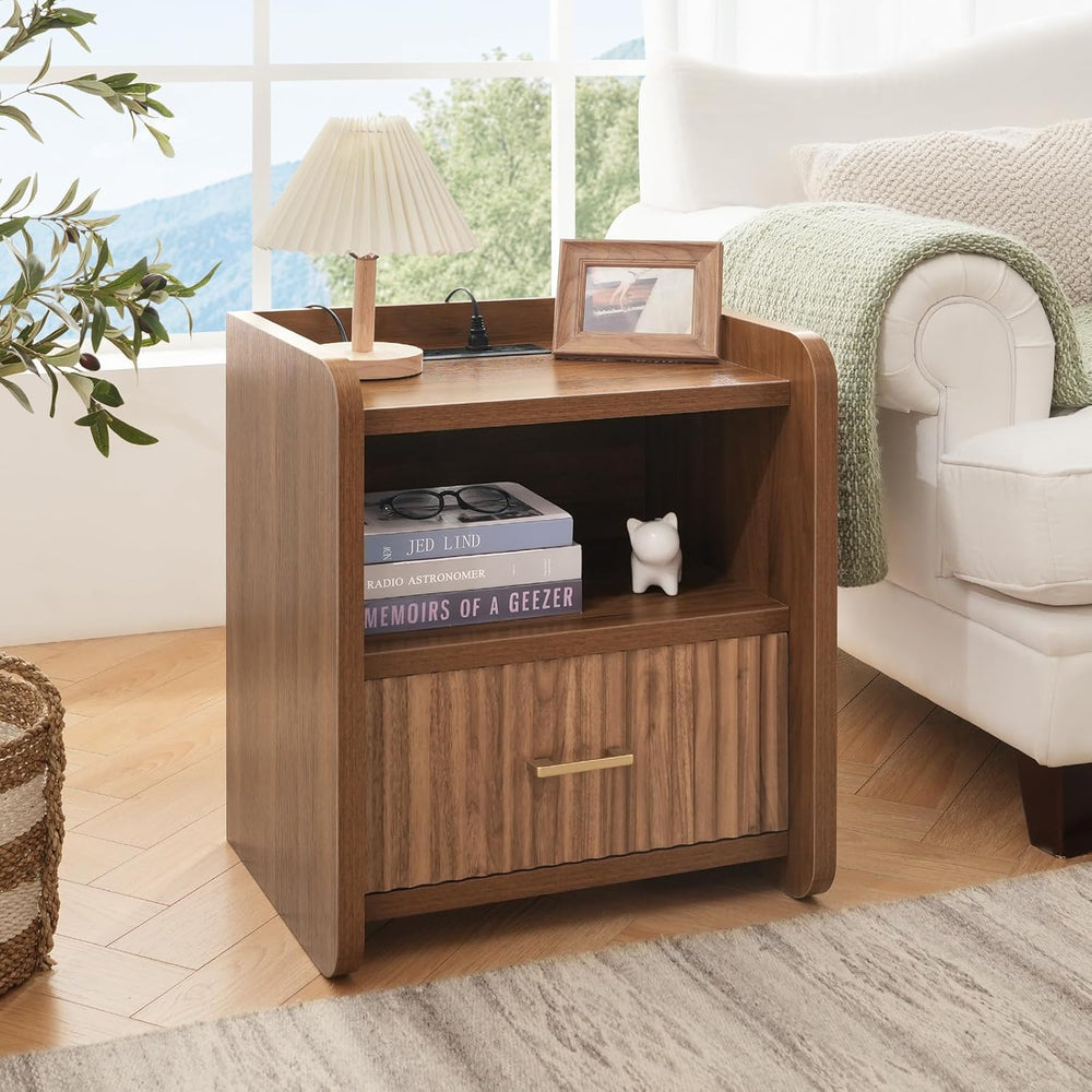 Night Stand with Charger Station - Modern Wood Nightstand with Drawer Storage...