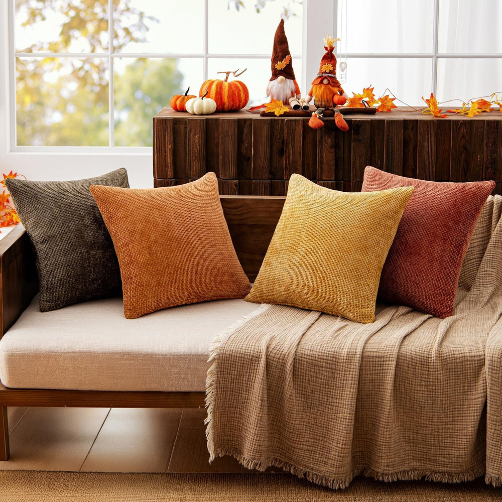 MIULEE Decorative Chenille Fall Pillow Covers Orange Brown 18x18 Pack of 4