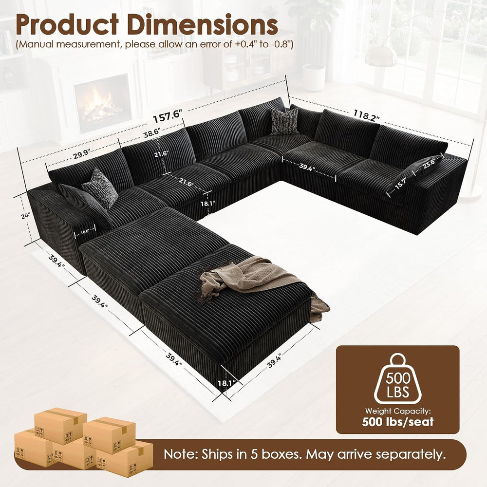 157.6" Cloud Couch Oversized Modular Sectional Sofa, U-Shaped 8 Seater D...
