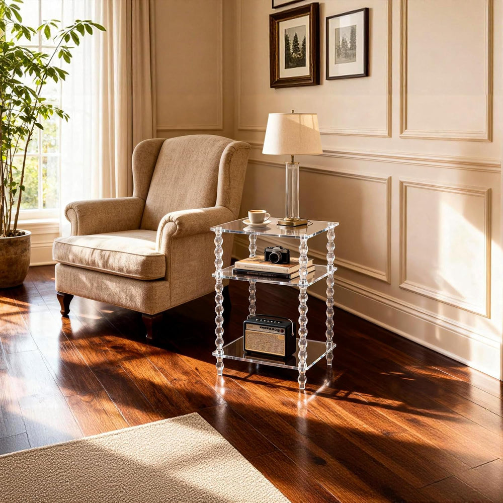 Acrylic Side Table Clear 3-Tier End Table for Living Room, Office, Hallway, B...