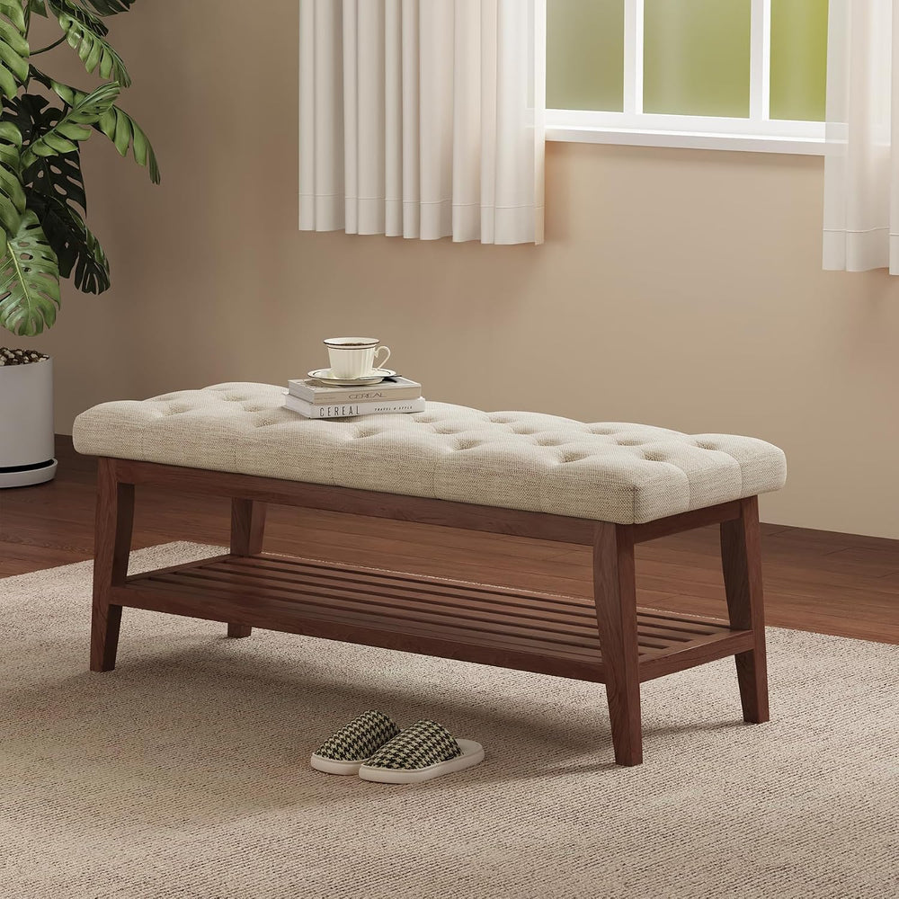 LEILISI Entryway Bench with Storage, Linen Upholstered Bench(Beige, 39.4'...