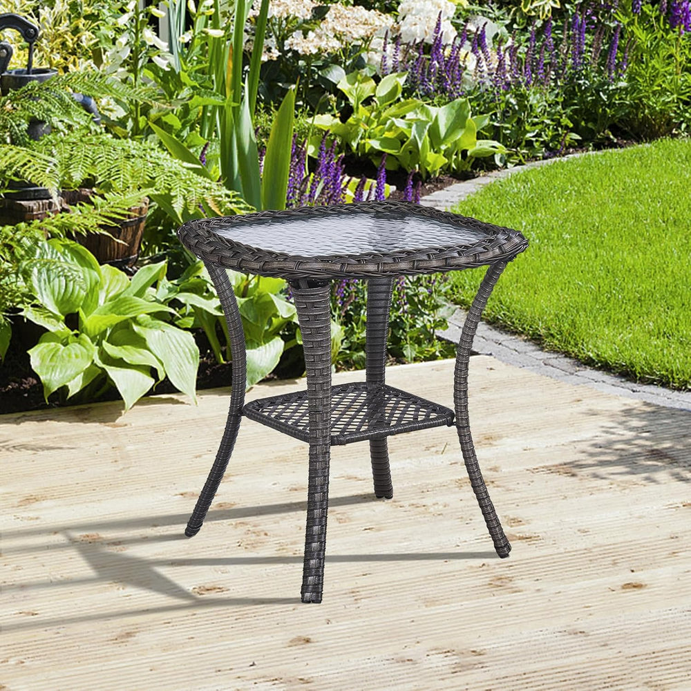 Patio Wicker Side Table, Outdoor PE Rattan End Table with 5mm Tempered Glass ...