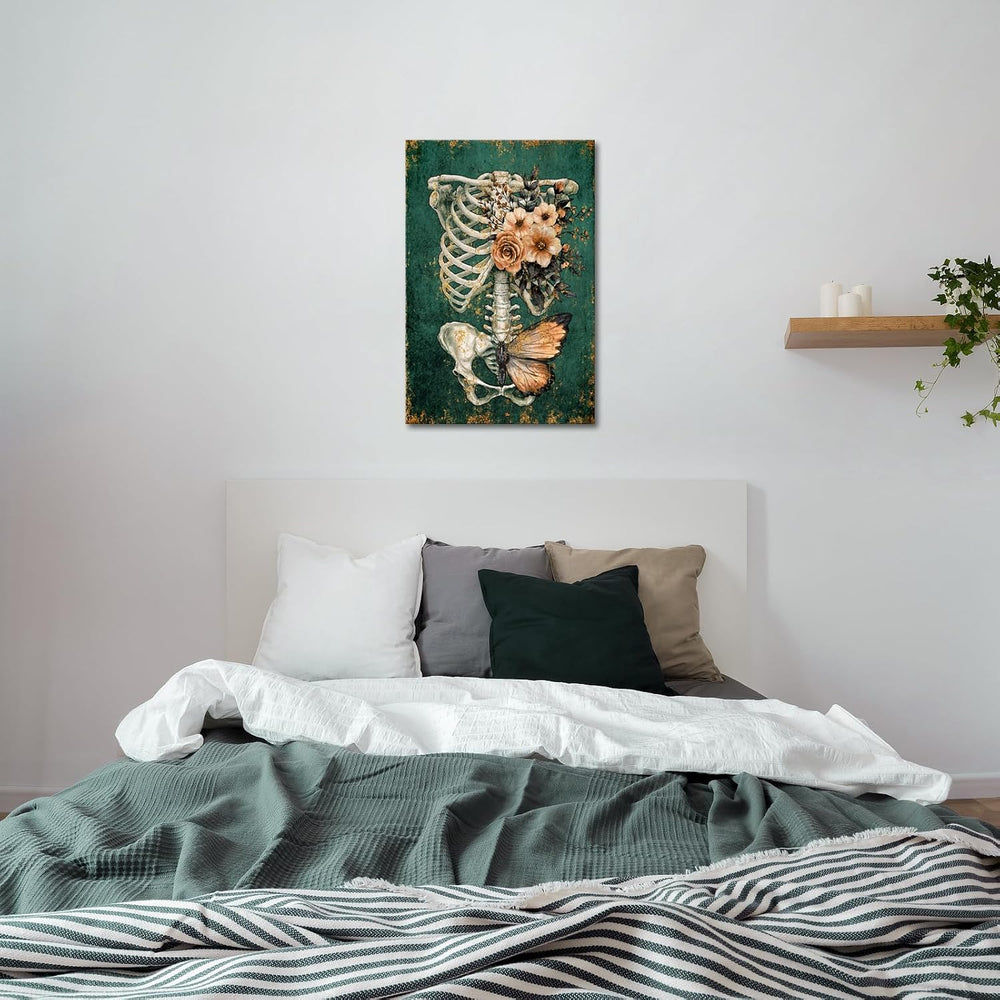 iKNOW FOTO Vintage Human Skull Canvas Wall Art, Floral Butterfly Skeleton Ana...