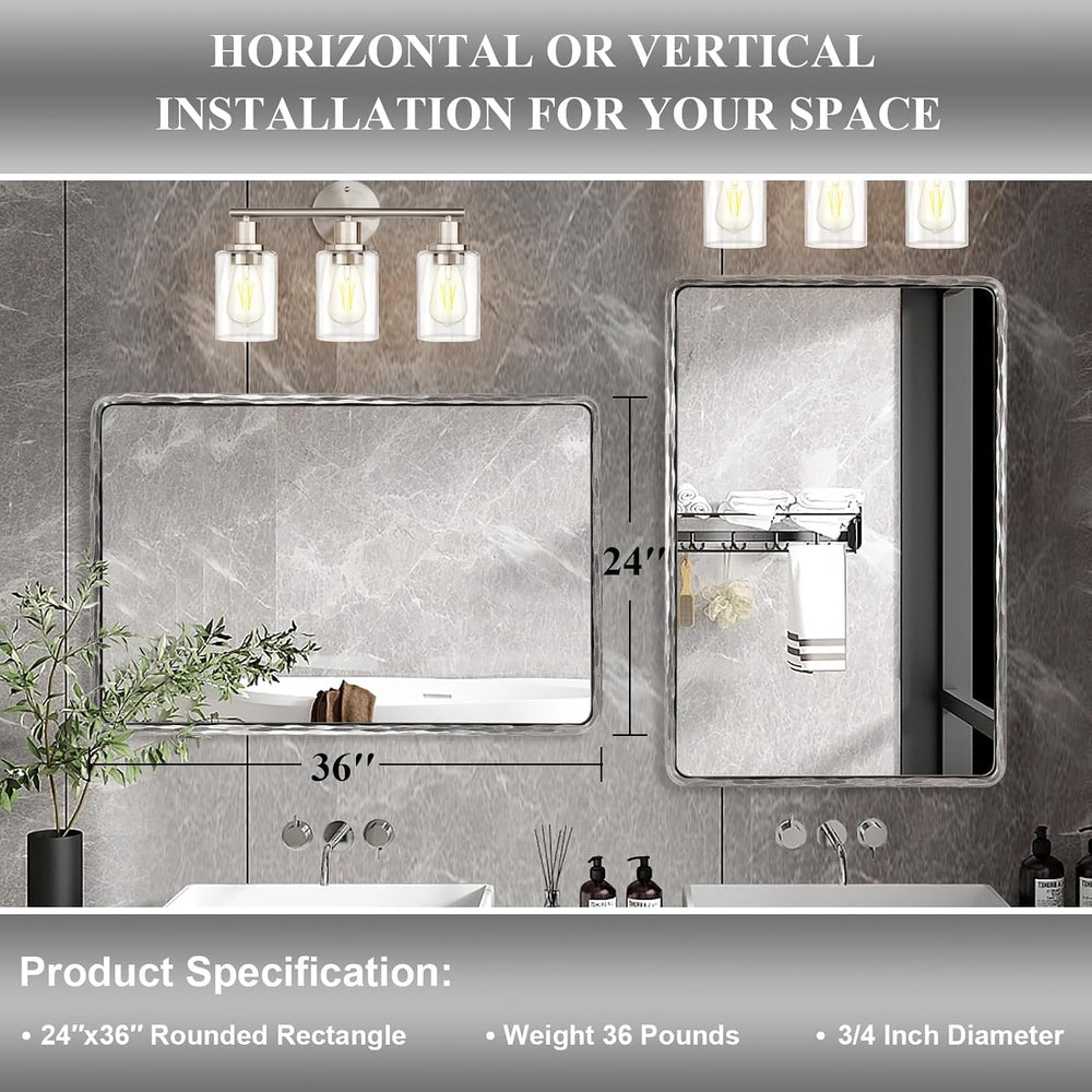 ANDY STAR Hand-Forged Silver Bathroom Mirror for Wall, 24x36 Inch Luxury Soli...