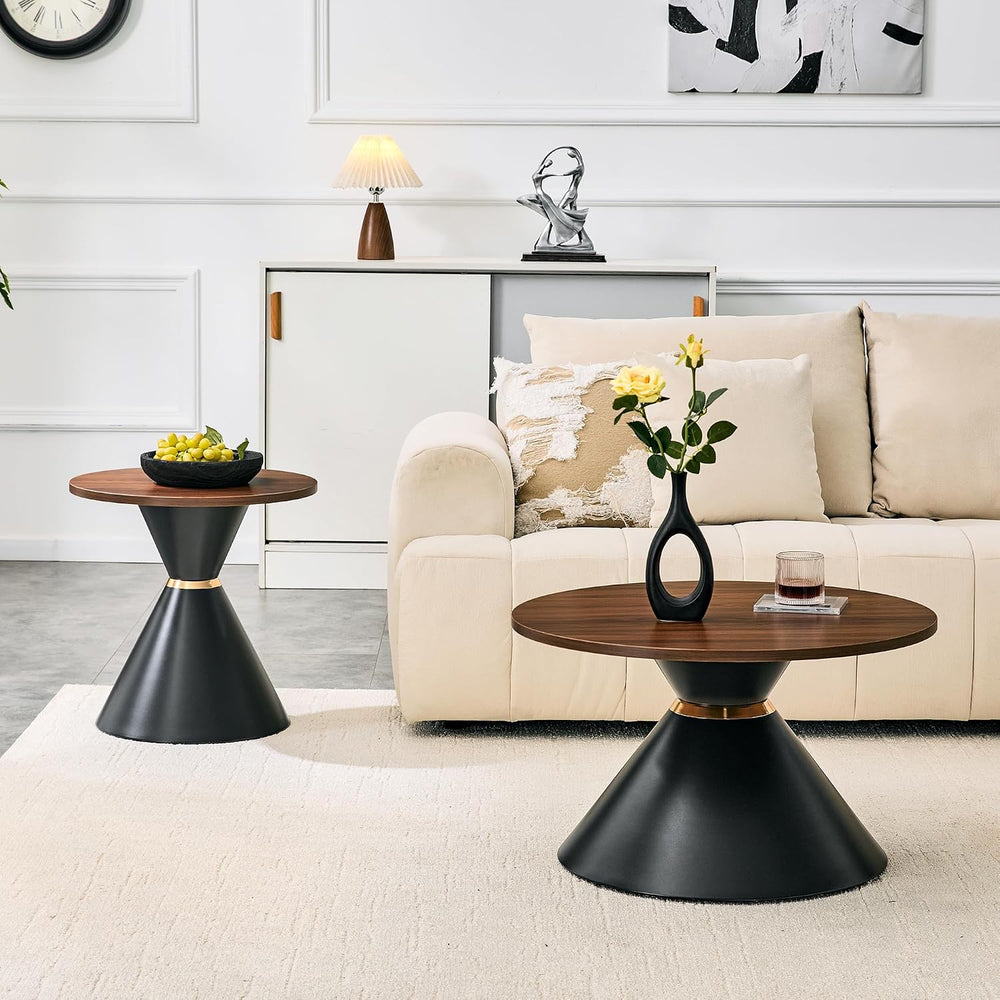 Round Coffee Table Set, Walnut Textured Top with Metal Base, Living Room &...