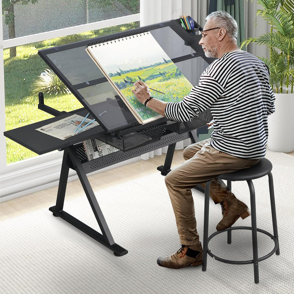 Black Drafting Table Desk w/Stool, Painting Table Art Craft Desk Crafting Tab...