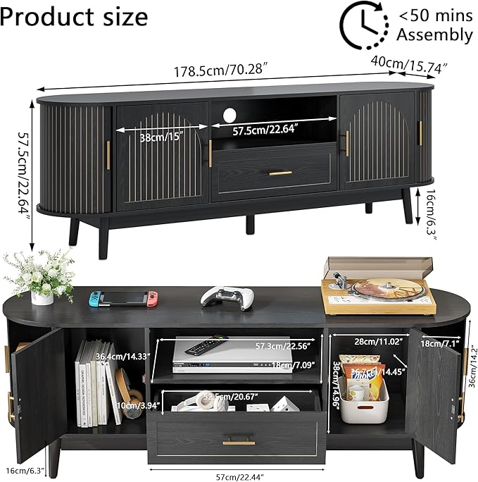 70" Fluted TV Stand for Tvs up to 80", Mid-Century Modern Entertain...