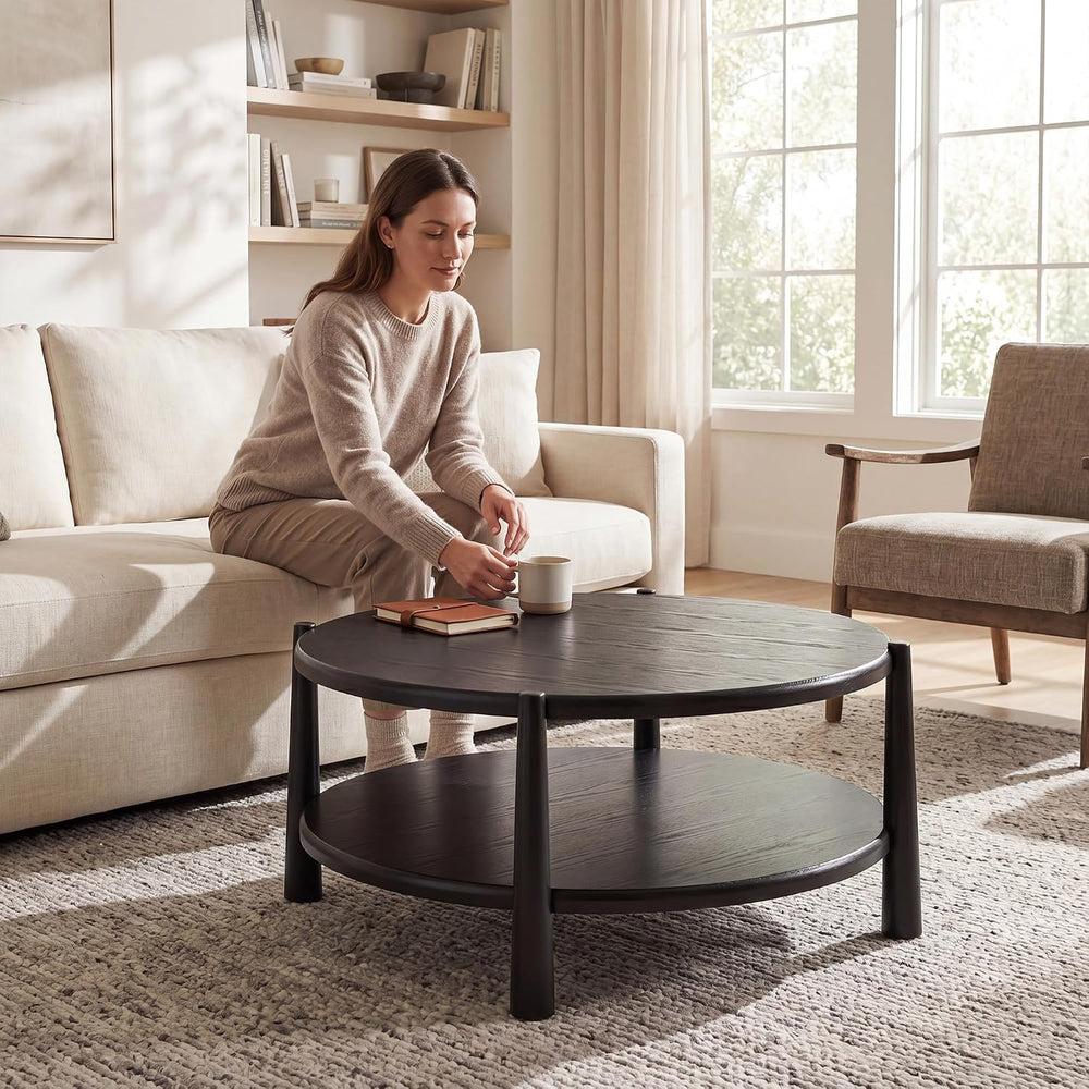 Black Round Coffee Table with Open Storage Shelf