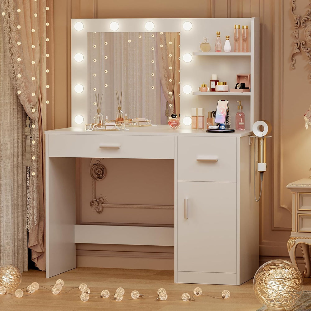 JUMMICO 35.4 Inch Vanity Desk with Mirror & Charging Station, White | LED...