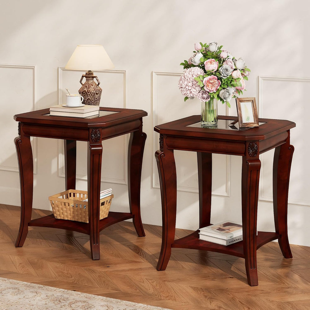 PADMA HOUSE Set of 2 Solid Wood Small End Table with Glasstop, Vintage Square...