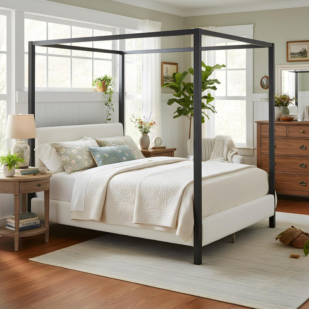 LUMISOL Queen Size Metal Canopy Bed with Upholstered Headboard, Modern Black ...