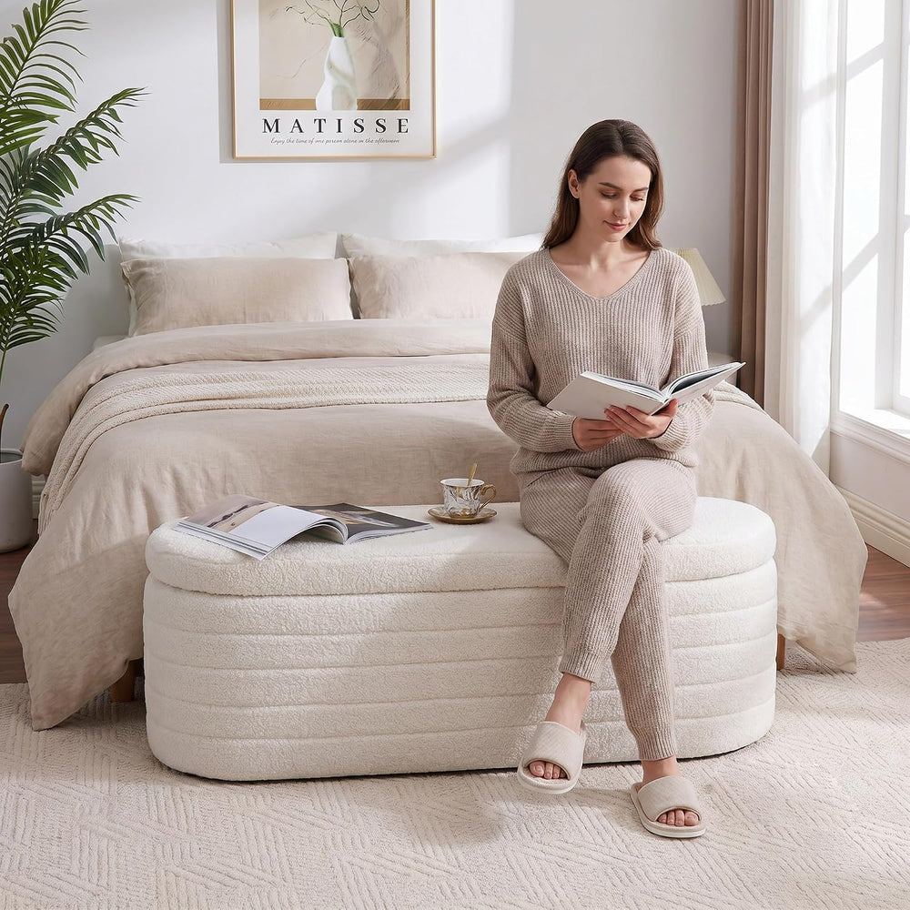 Teddy Sherpa Storage Ottoman Bench End of Bed, White | Modern Boucle, Oval De...