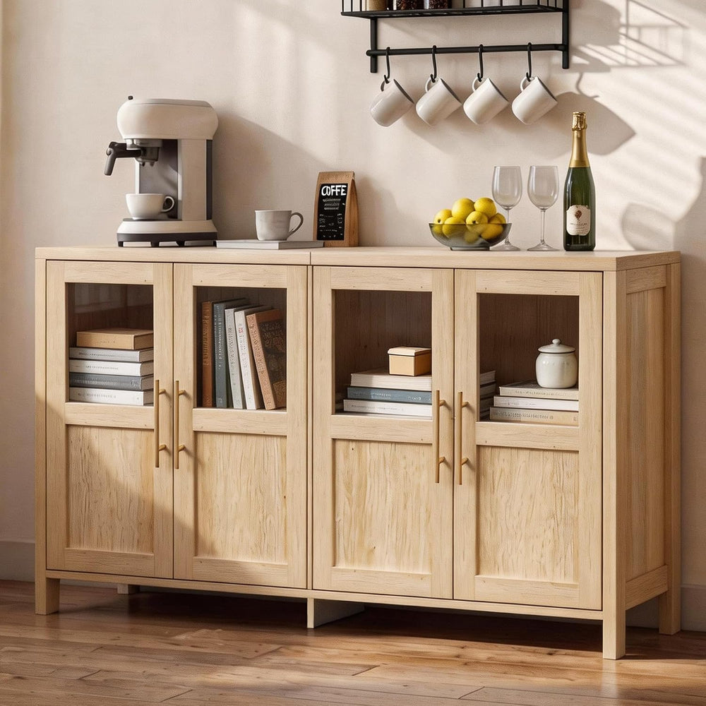 55" Sideboard Cabinet with Glass Doors, Large Buffet Cabinet with Storag...