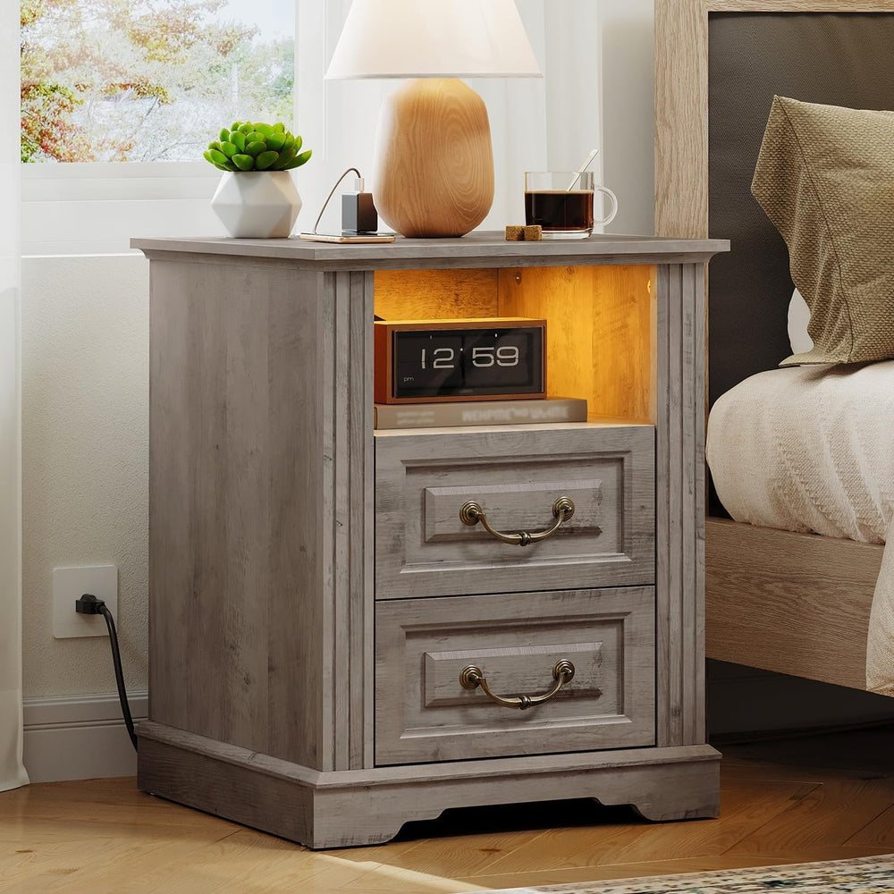 RALGEND Farmhouse Nightstand with Charging Station, Night Stand with 2 Drawer...