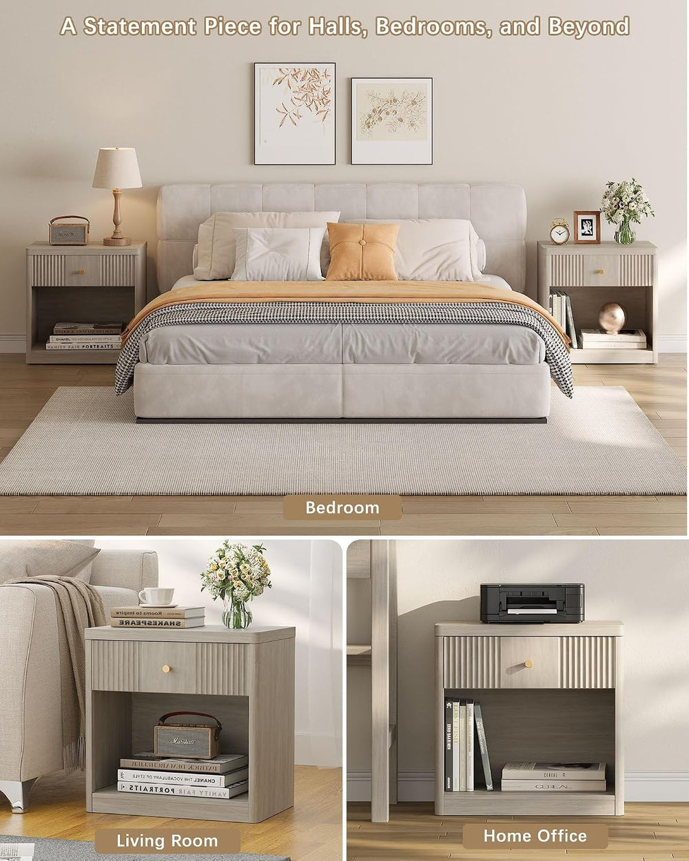 Memobarco Night Stand Set of 2, Fluted Nightstands with Drawer, White Alder |...