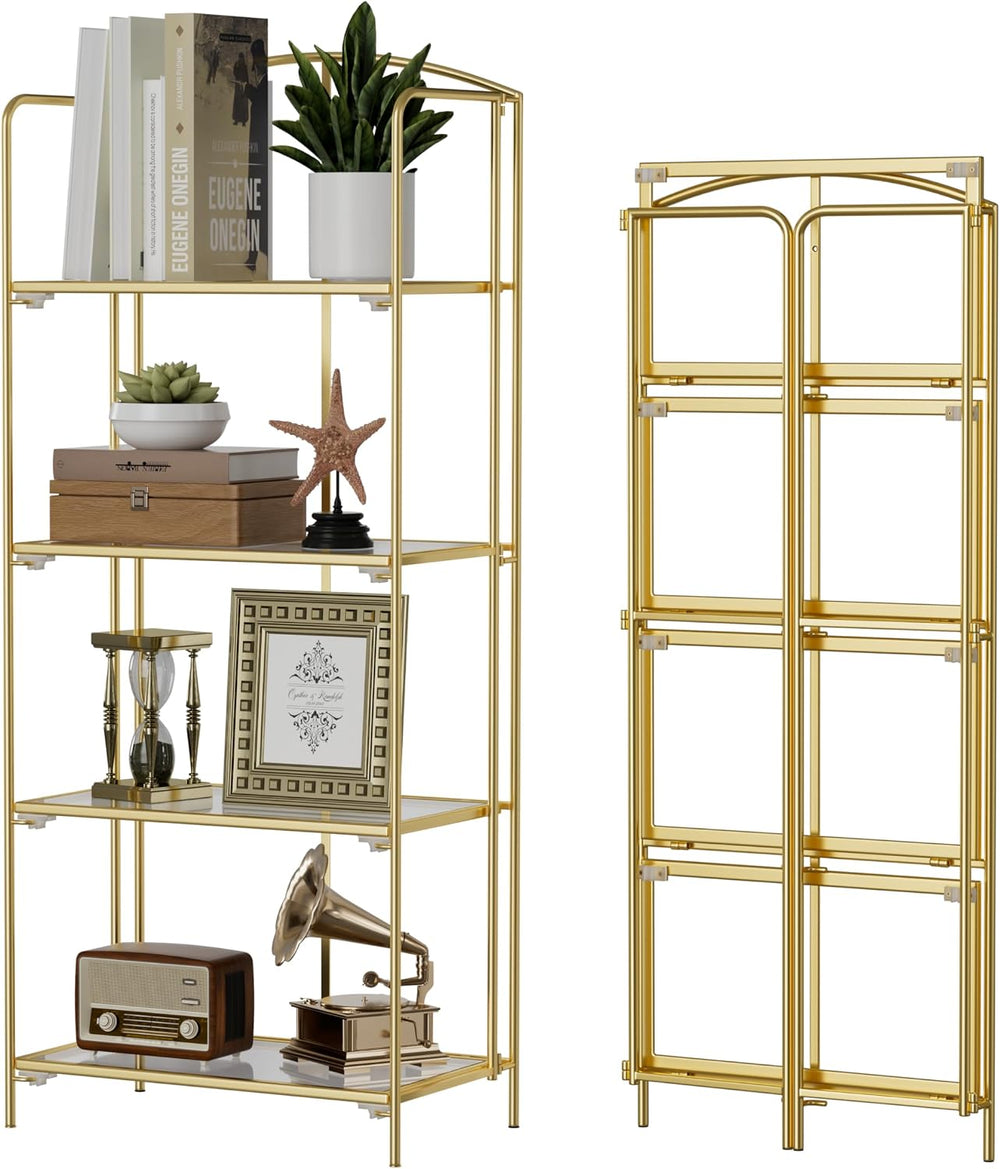 Crofy 4-Tier Foldable Bookshelf, Gold Frame & Transparent Shelves