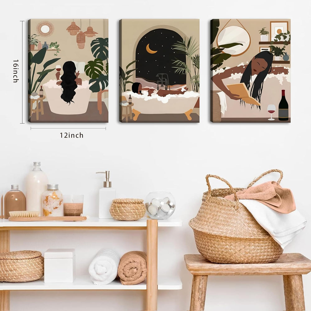 Black Girl Bathroom Wall Art Set of 3, Fashion Boho Black Woman Canvas Wall D...