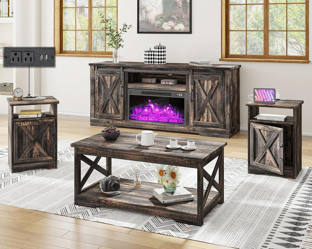 AMERLIFE Farmhouse 5 Piece Living Room Table Set, 63" TV Stand, Daark Oak