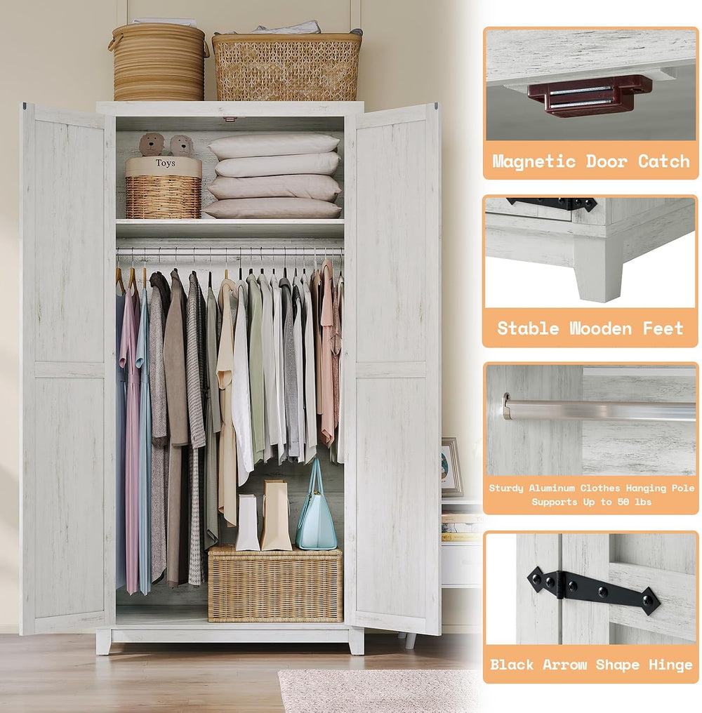 AMERLIFE 71" Farmhouse Wardrobe Closet with Hanging Rod & Barn Doors...