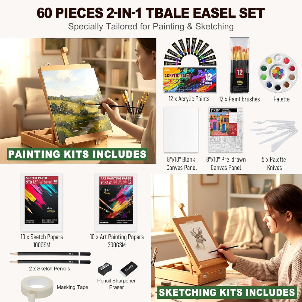 60 Pieces Beechwood Tabletop Easel Set for Painting with Shoulder Strap