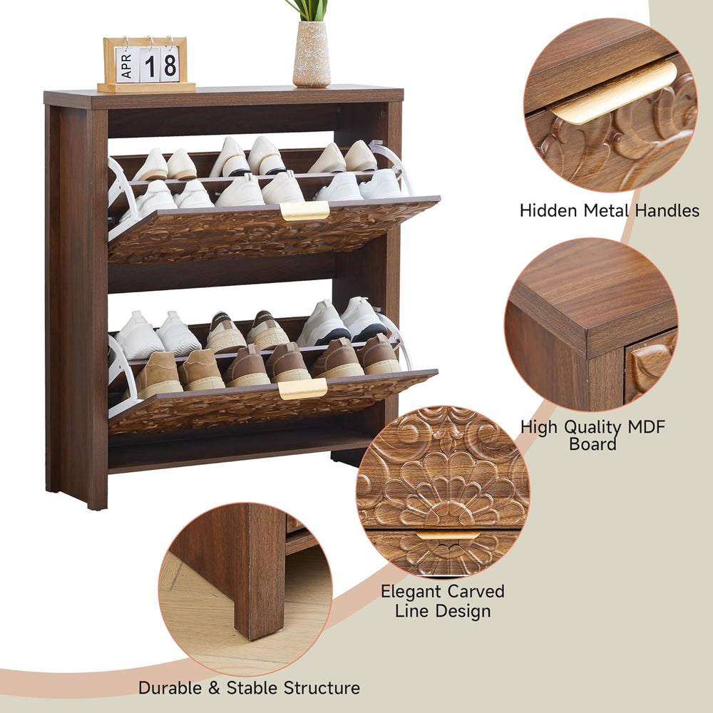 Shoe Cabinet with Flip Drawers, Narrow Shoe Storage Cabinet, 2-Tier Hidden Sh...
