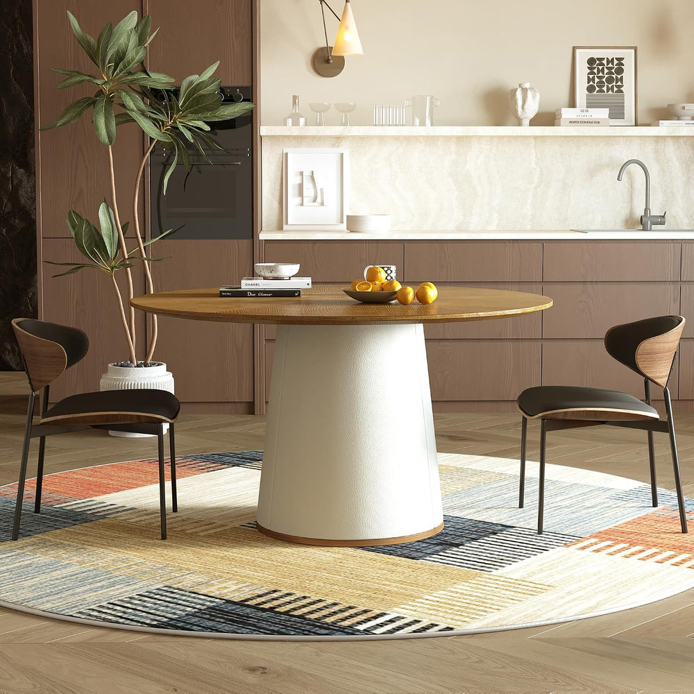 59” Modern Round Dining Table, Featuring a Decorative parquet Wood Veneer Tab...
