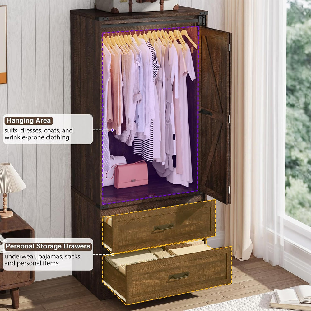 Farmhouse 2 Doors Armoire Wardrobe Closet w/ Folding Sliding Barn Door and Li...