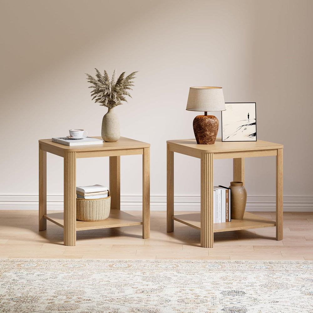 2Pcs 2 Tier End Table with Vertical Wave Grain Legs, 22.1'' Boho Squa...