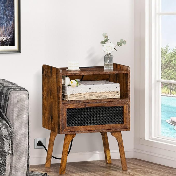 Lerliuo Rattan Nightstands Set of 2 with Charging Station, Boho Side Table wi...