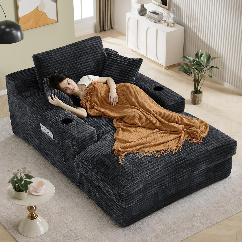 49" x 76" Corduroy Chaise Lounge, Cup Holders, Dark Gray | Super-ov...