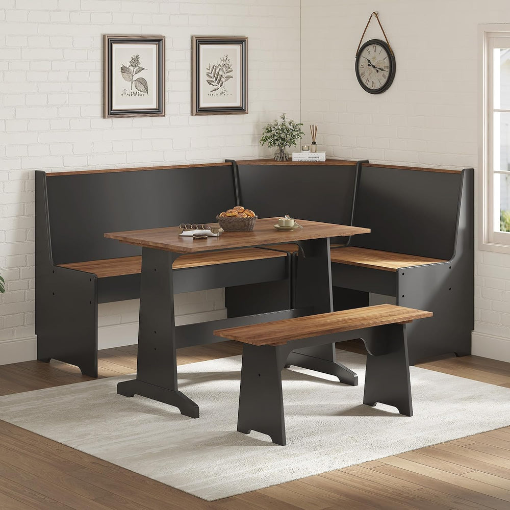 LUXOAK 3-Piece Corner Dining Set with Hidden Storage, Black Oak | Breakfast N...