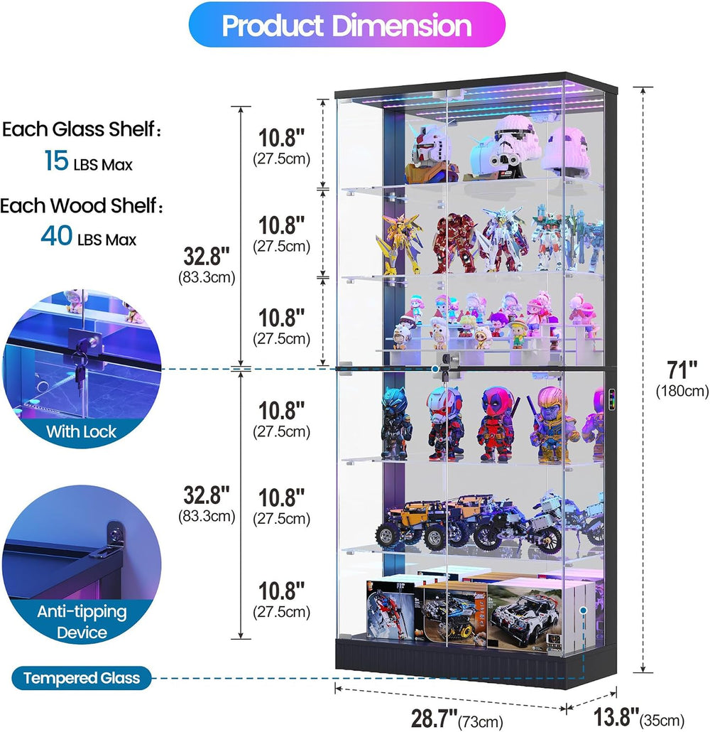 Lvifur 6-Tier Tall Glass Display Cabinet with RGB Lights for Collectibles