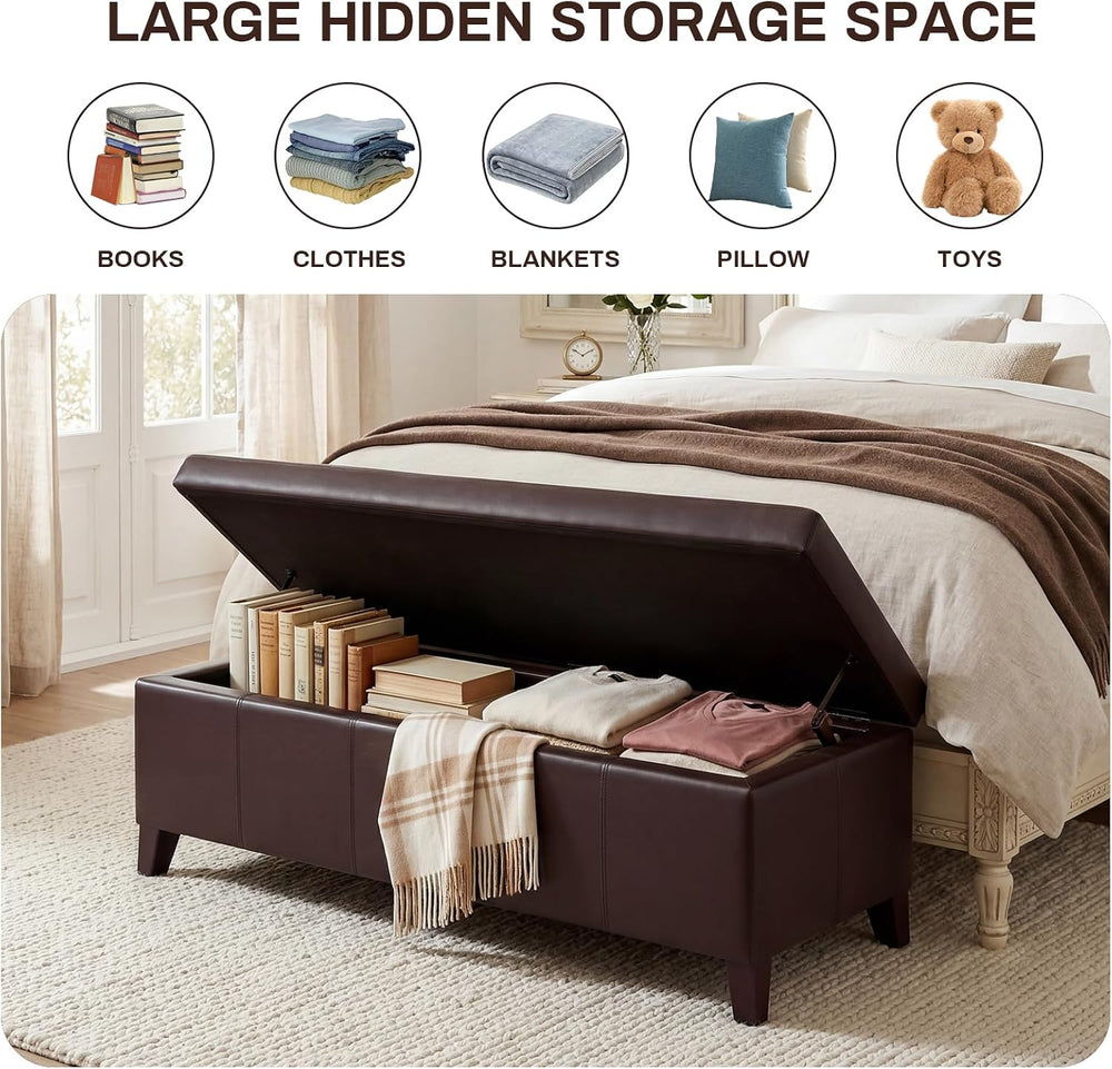 51" Coffee Brown Faux Leather Storage Ottoman | Foot Rest with Hinged Li...