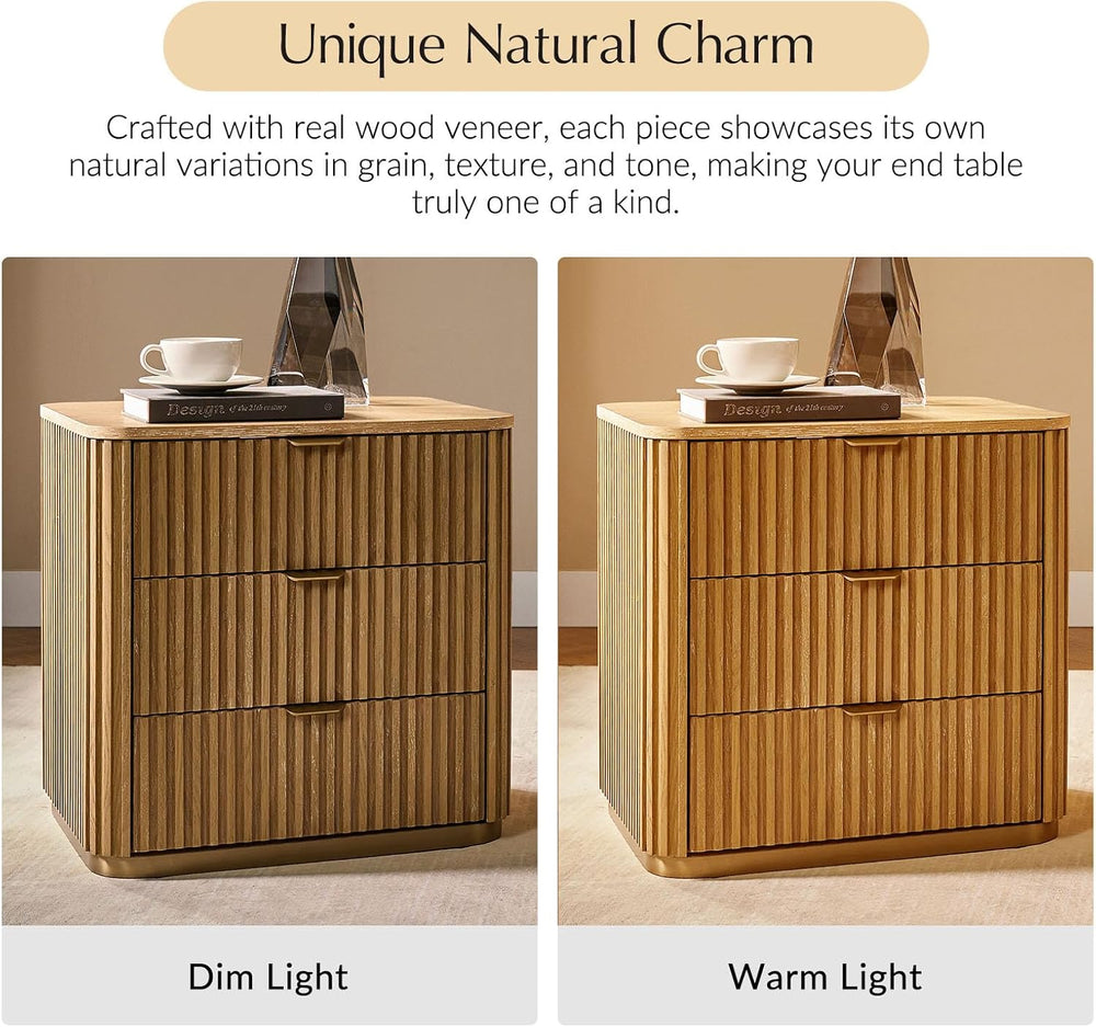 Fluted End Table Set of 2 with 3 Drawers, Solid Wood End Tables with Charging...