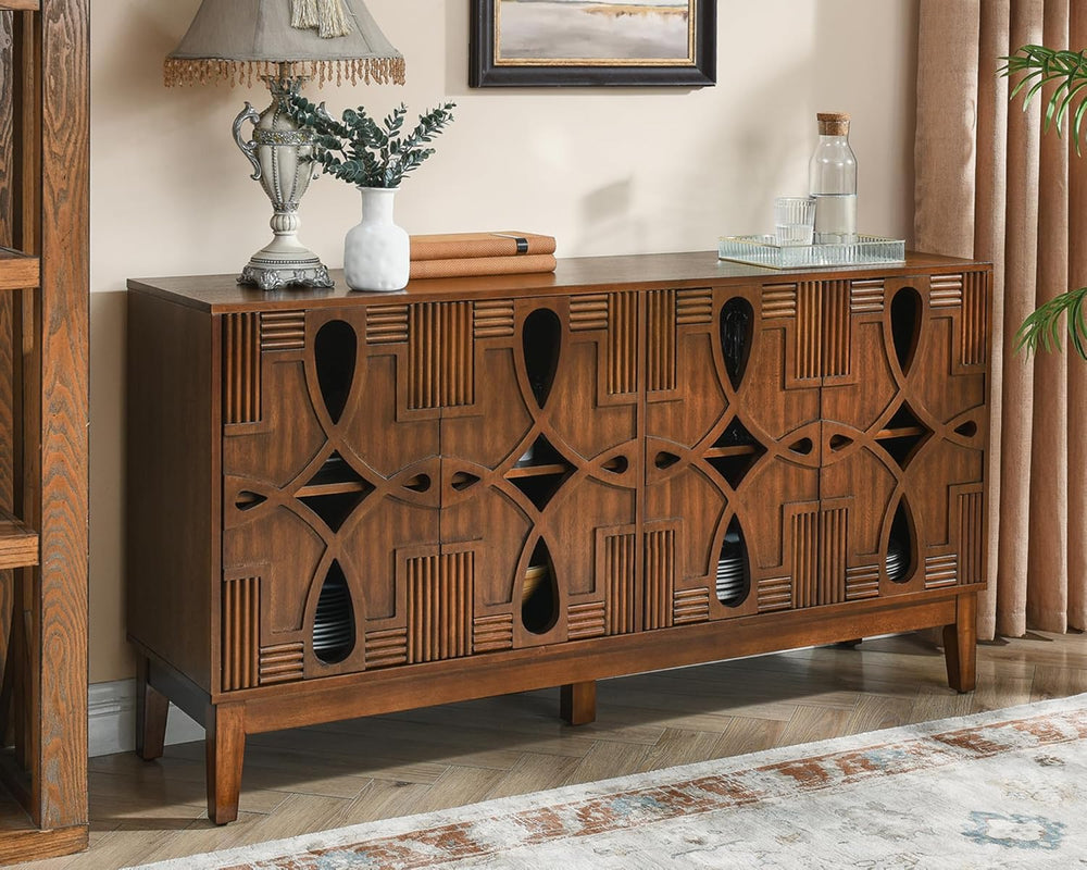 LKTART 60" Mid Century Modern Sideboard Buffet with Hollow Carved Doors ...