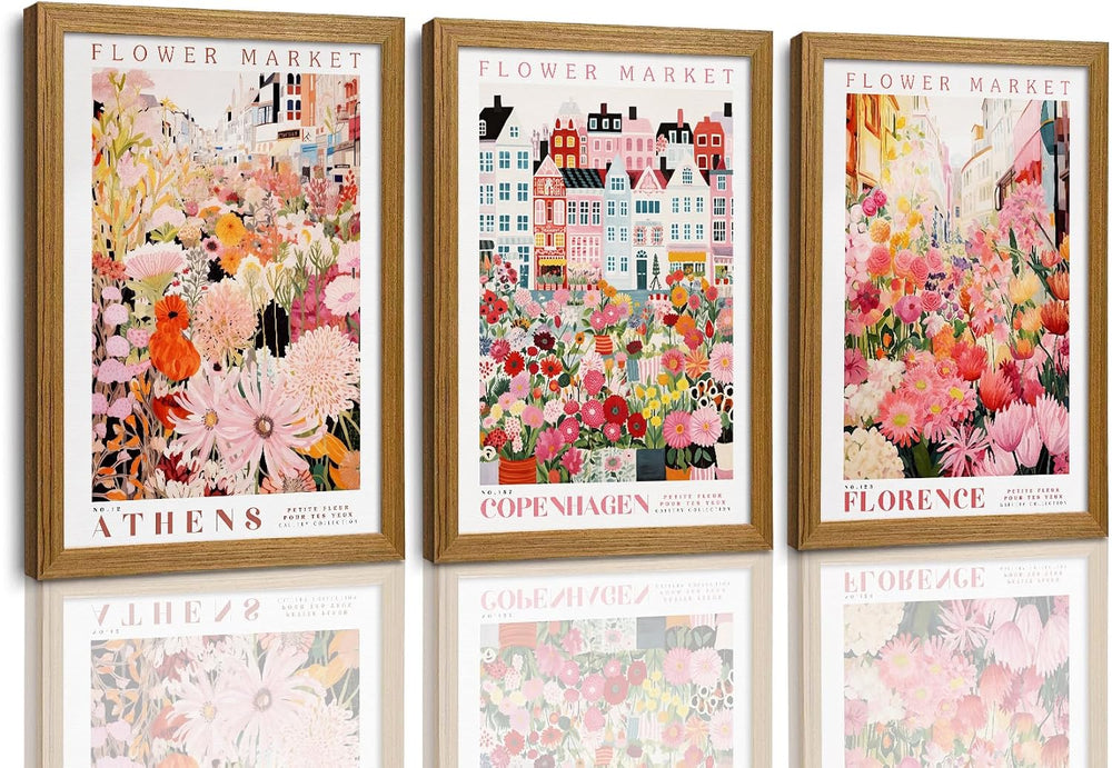 KISSFOX Pink Floral Wall Art Flower Market Pictures Travel Wall Decor