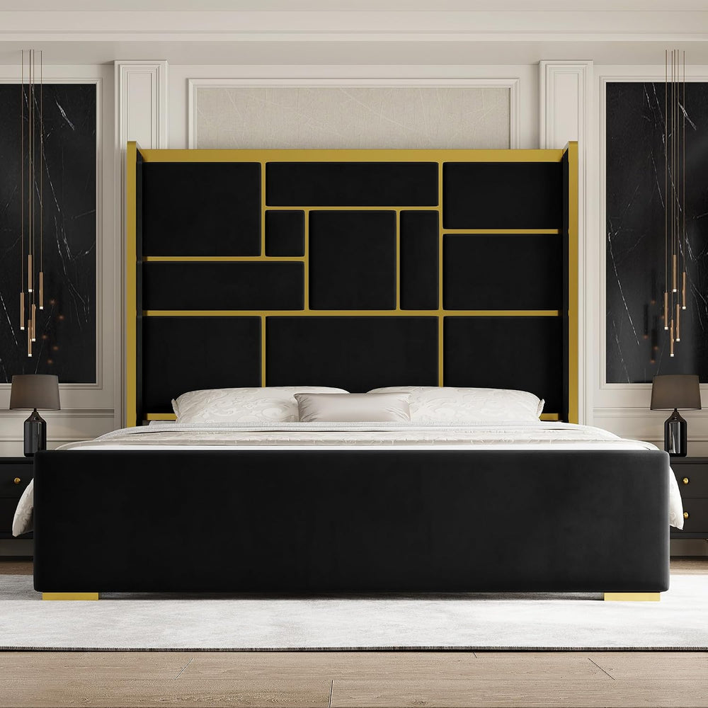 Queen Bed Frame with 55.12" Tall Headboard, Black and Gold