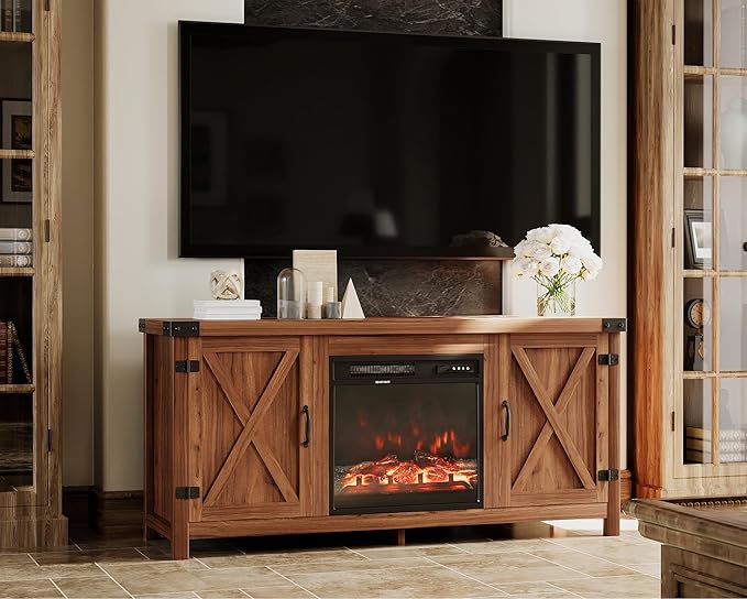 JUMMICO Fireplace TV Stand, Farmhouse Entertainment Center with Fireplace and...
