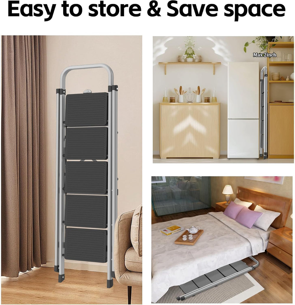 5-Step Foldable Step Ladder Stool with Handle, Anti-Slip Wide Pedals & Fe...