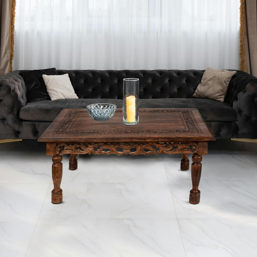 Coffee Table in Solid Wood With Hand Carving 38x24x18"_Burnt Rectangular