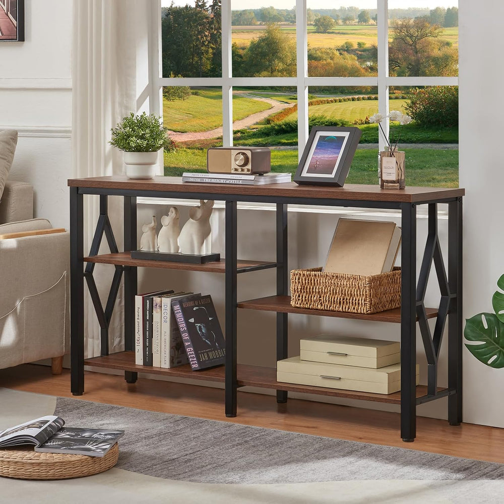 HOMBAZAAR Console Sofa Table, Rustic Entryway Table with Metal Frame and Open...
