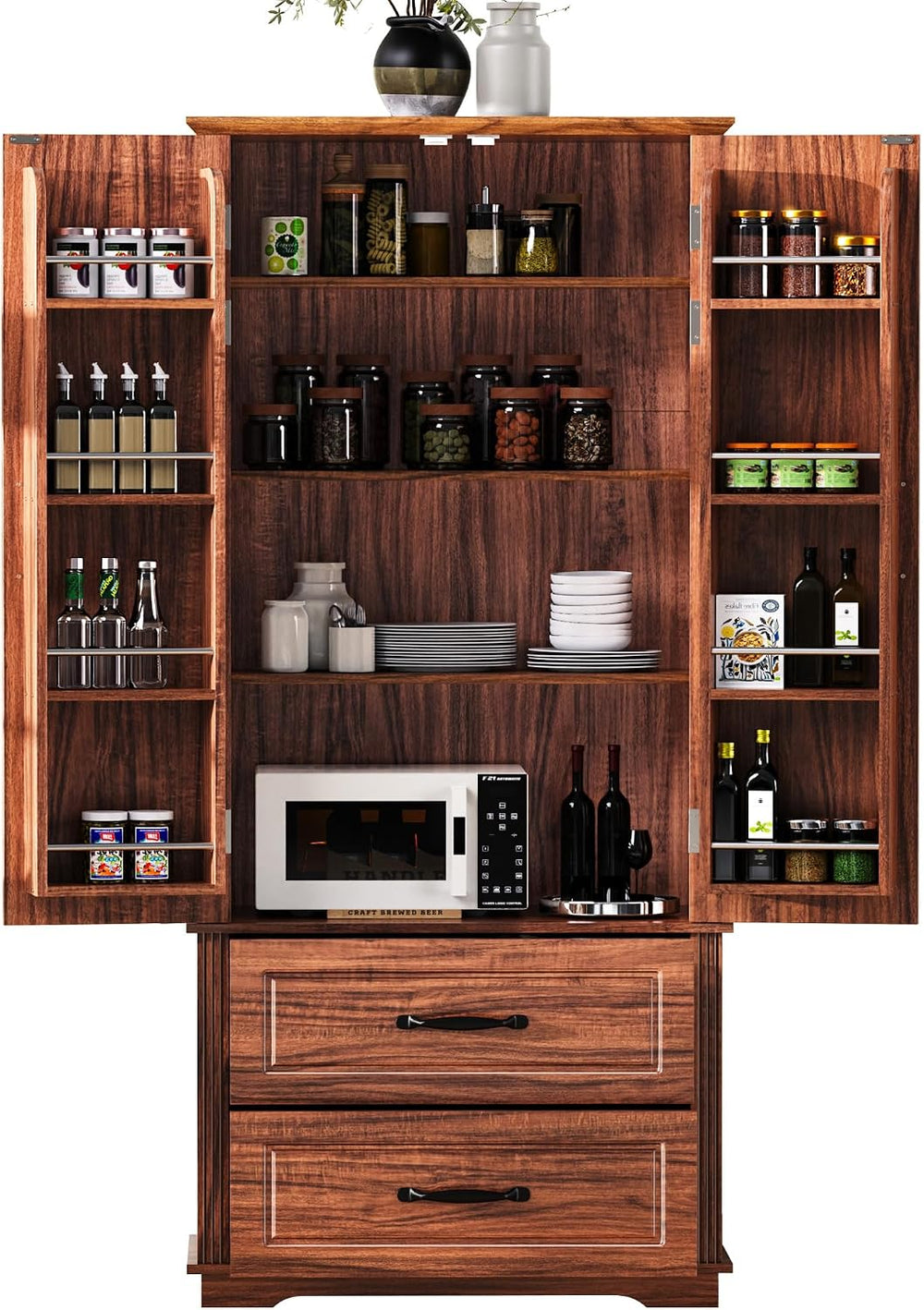 71" Farmhouse Kitchen Pantry Cabinet with 2 Large Drawers,Embossed Textu...