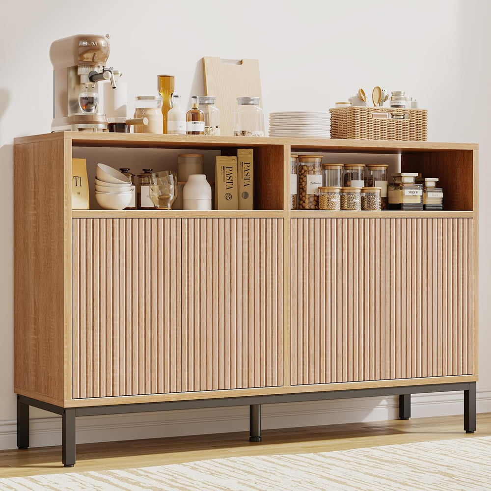 Mericonia Farmhouse Buffet Sideboard Cabinet with Storage, Fluted Coffee Bar ...