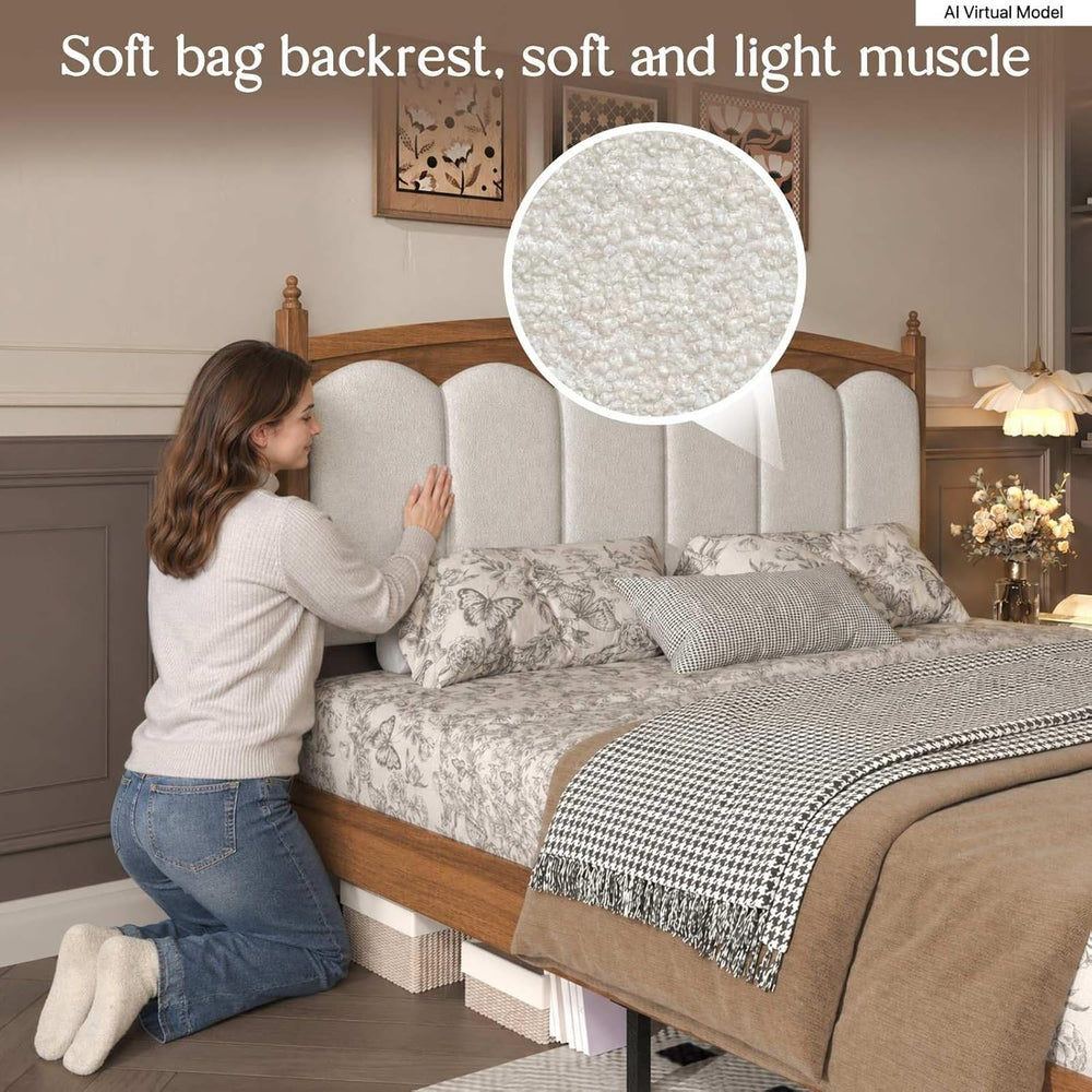 Queen Bed Frame Upholstered Headboard Farmhouse Platform No Box Spring