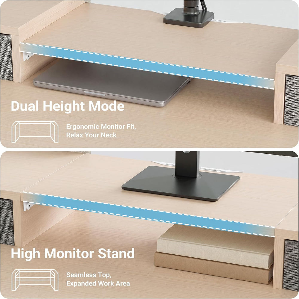 Claiks Standing Desk with Drawers & Wheels, 2 Height Shelf 59" Ntural