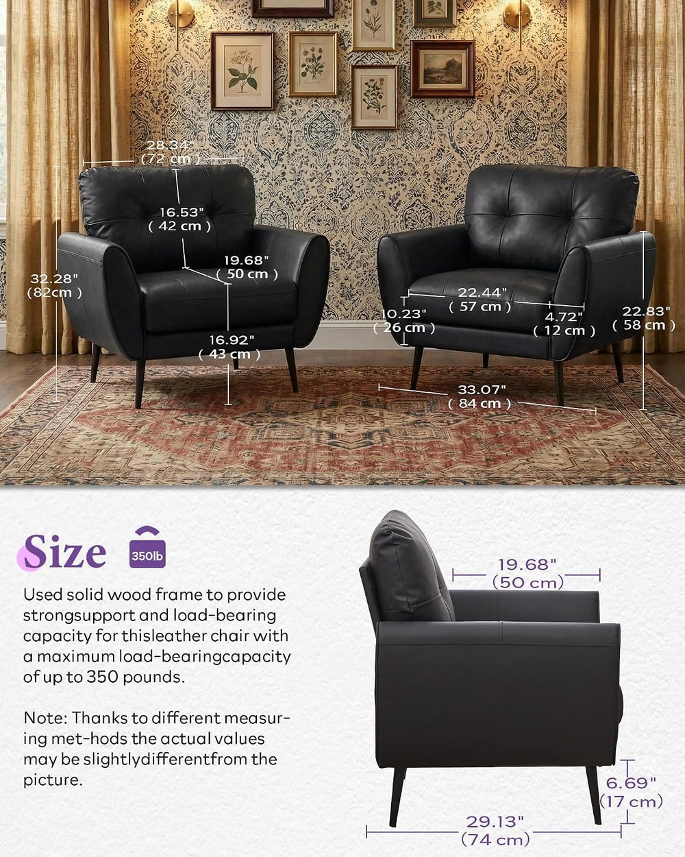 Black Leather Accent Chair, Tufted Reading Armchair for Living Room Office