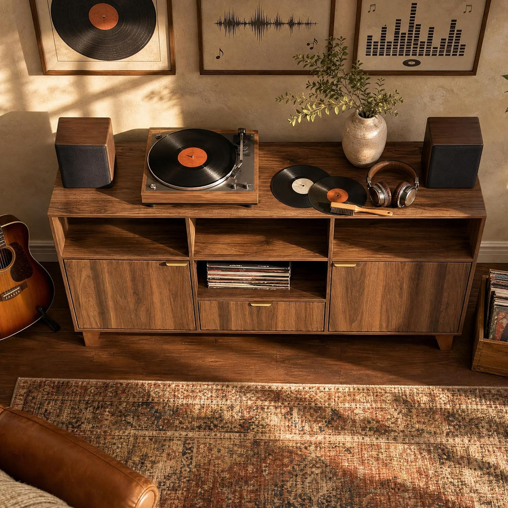knoworld Large Record Player Stand with Vinyl Storage, Mid Century Modern Tur...