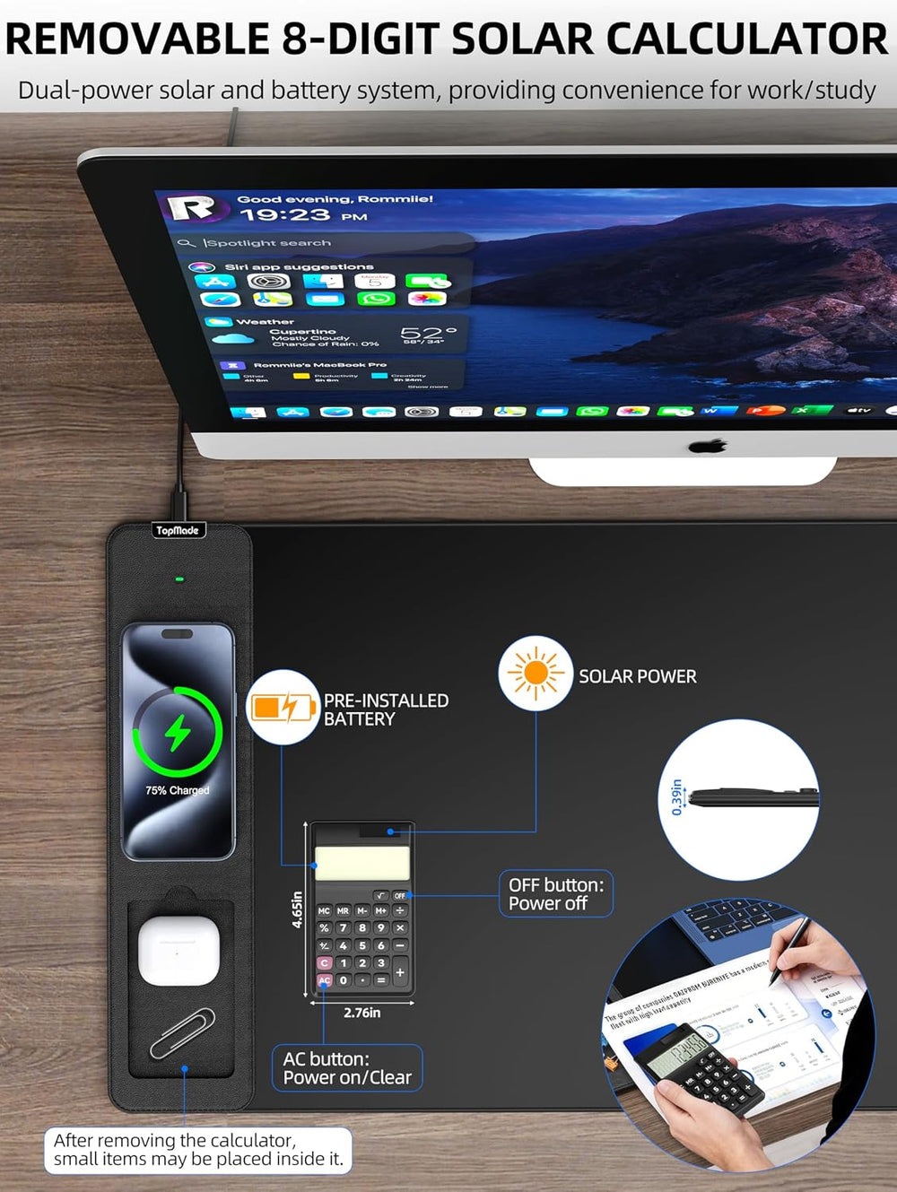 Mouse Pad with 15W Wireless Charging, Removable 8-Digit Solar Calculator