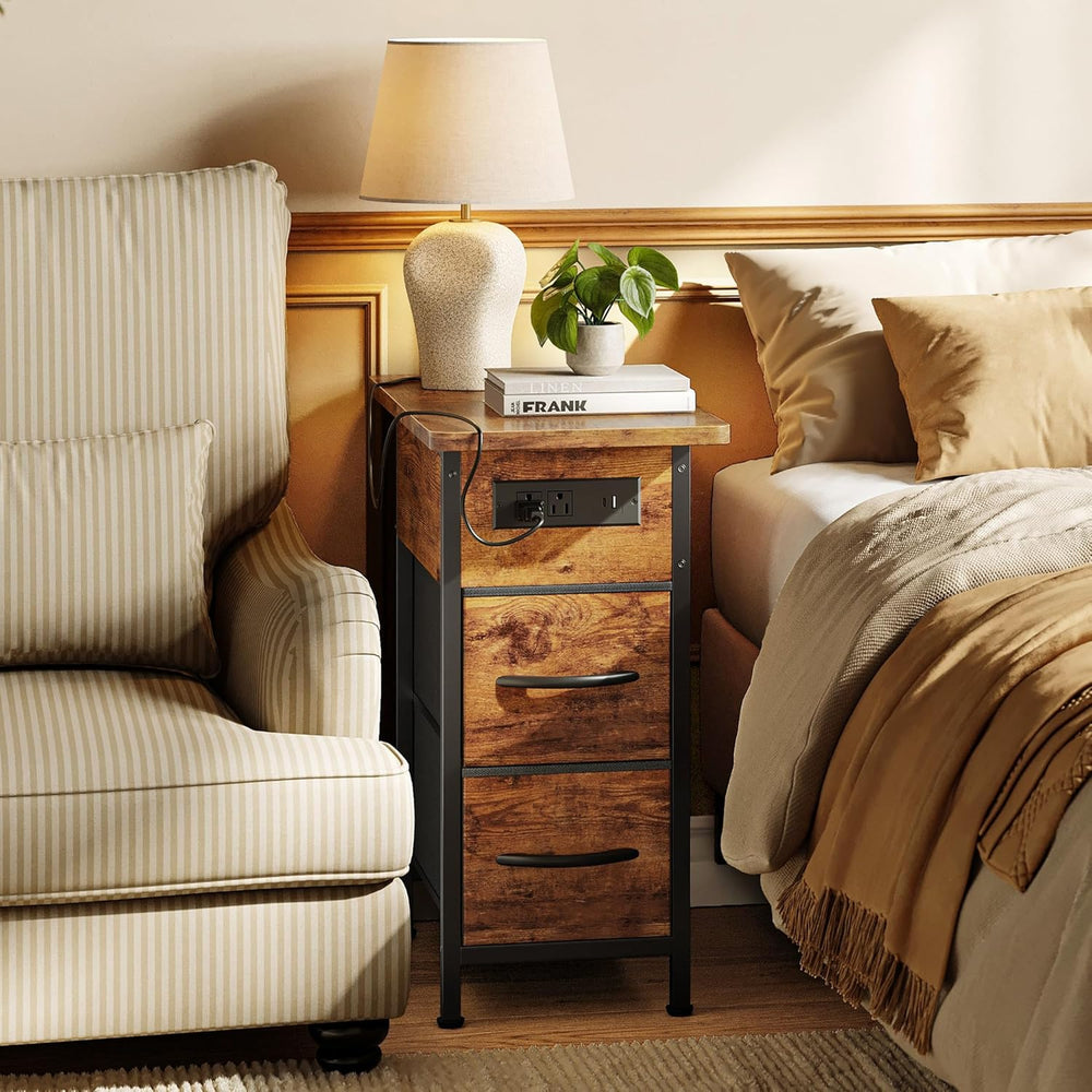 Huuger Narrow End Table with Charging Station, Side Table with 2 Drawers