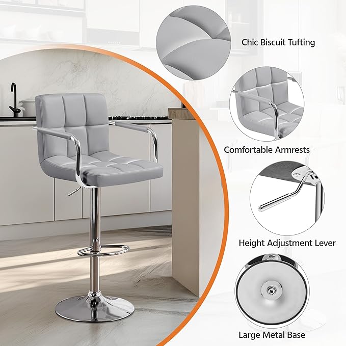 Yaheetech Bar Stools Set of 2, PU Leather Adjustable Swivel Barstools, Hydrau...